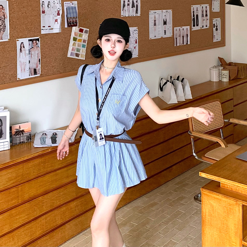 Pinched waist temperament stripe shirt summer blue dress for women