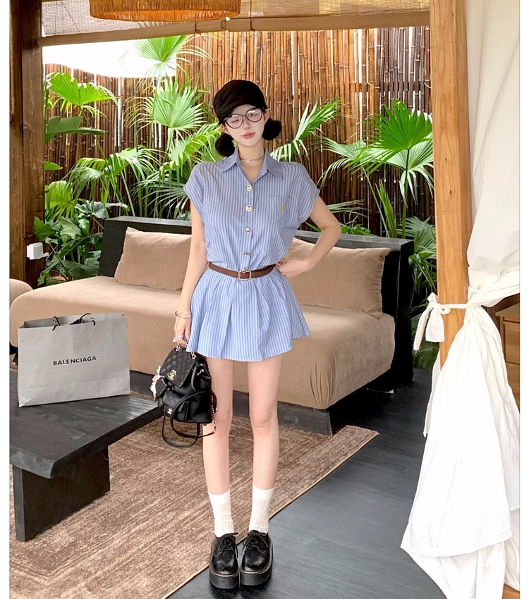 Pinched waist temperament stripe shirt summer blue dress for women