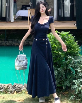 Square collar refinement dress summer waist chains