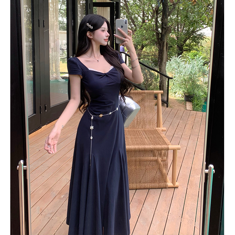 Square collar refinement dress summer waist chains