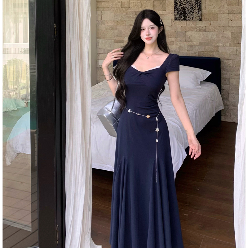 Square collar refinement dress summer waist chains