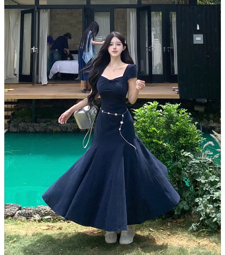 Square collar refinement dress summer waist chains