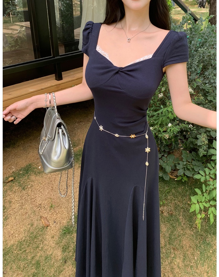 Square collar refinement dress summer waist chains