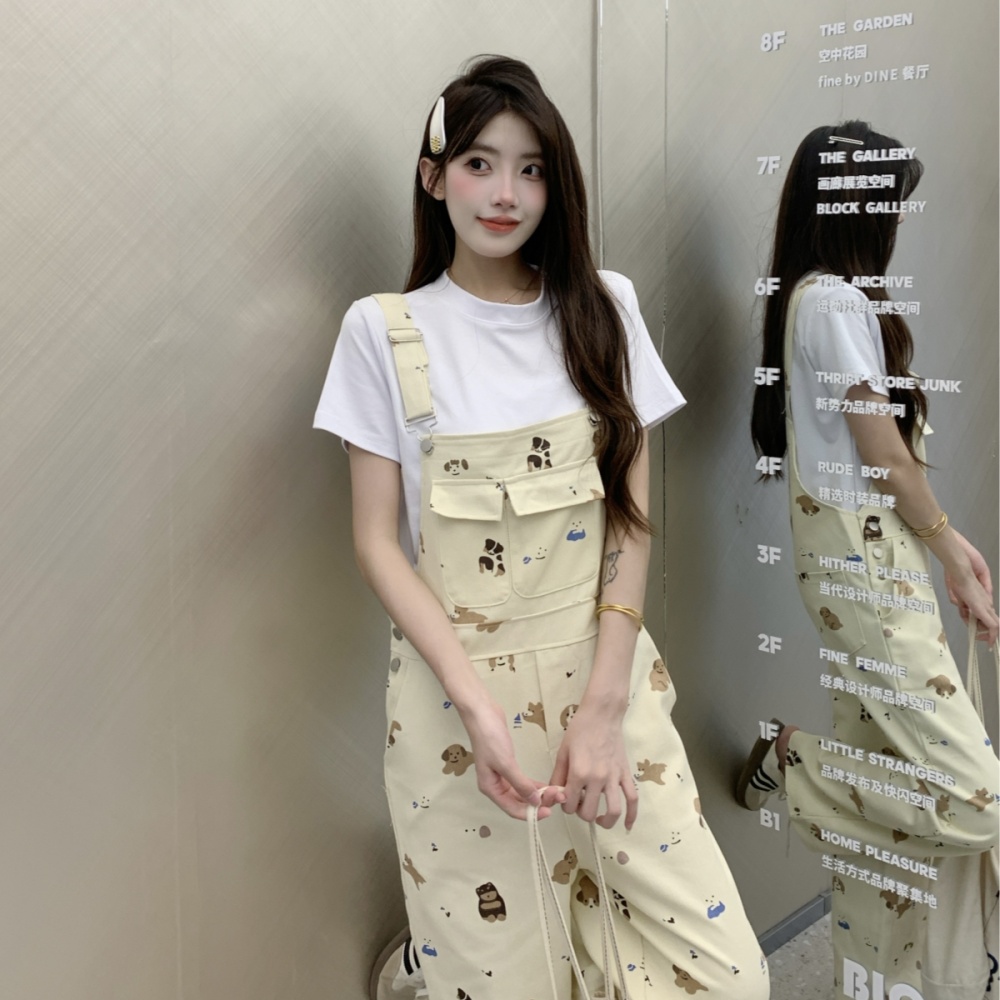 Loose white cubs bib pants cartoon slim spring T-shirt for women