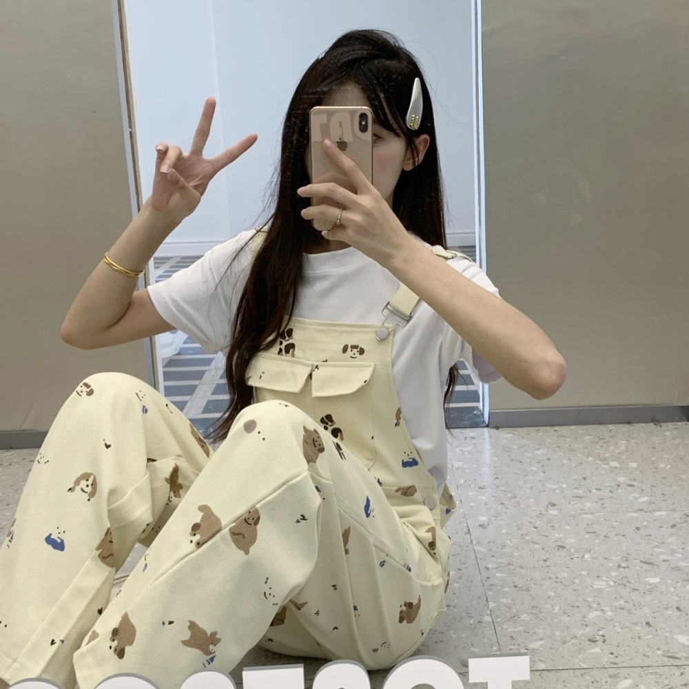 Loose white cubs bib pants cartoon slim spring T-shirt for women