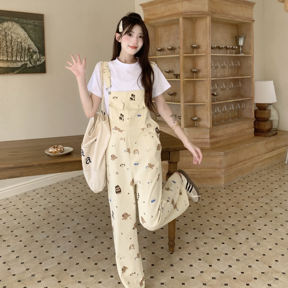 Loose white cubs bib pants cartoon slim spring T-shirt for women