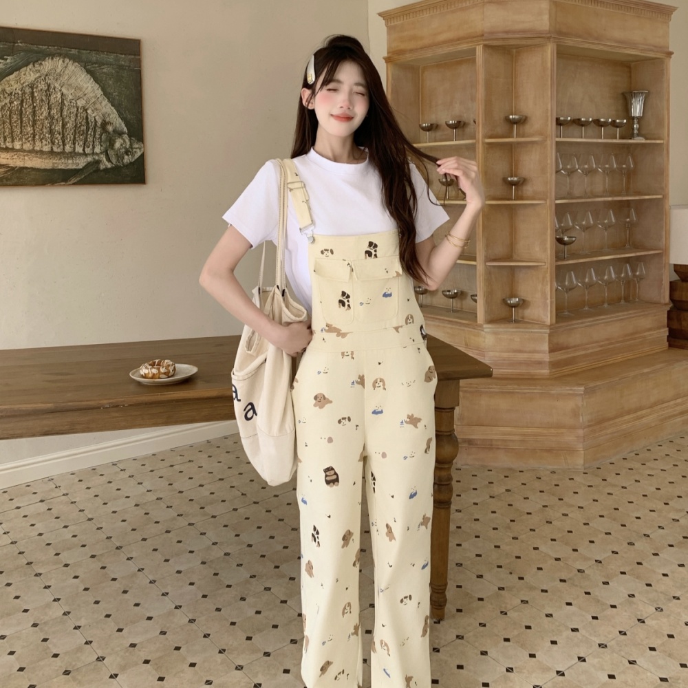 Loose white cubs bib pants cartoon slim spring T-shirt for women