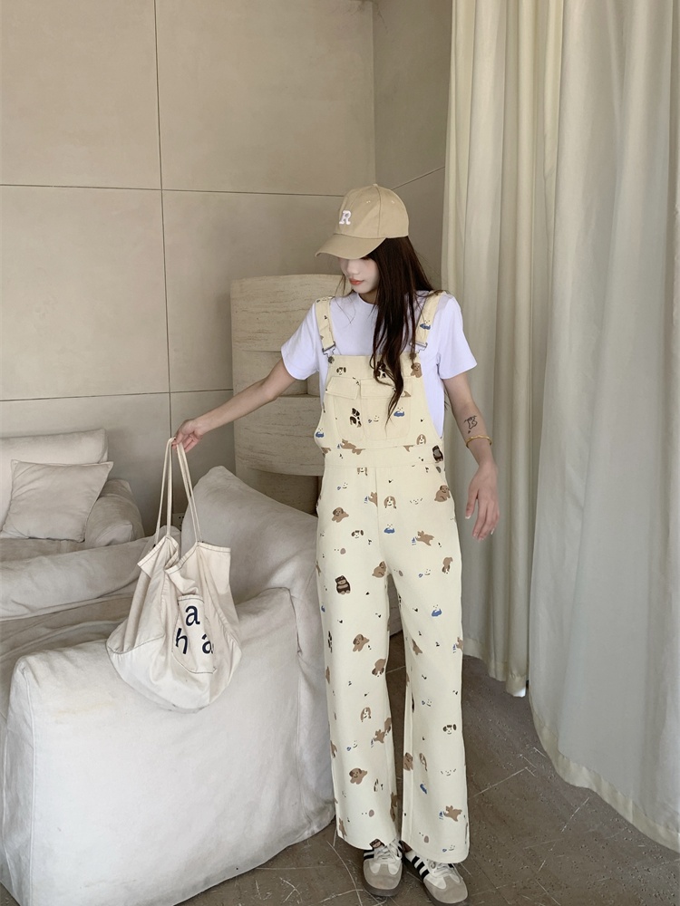 Loose white cubs bib pants cartoon slim spring T-shirt for women