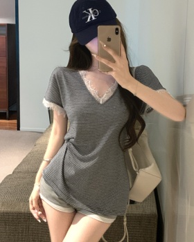 Short sleeve splice T-shirt cotton linen summer tops