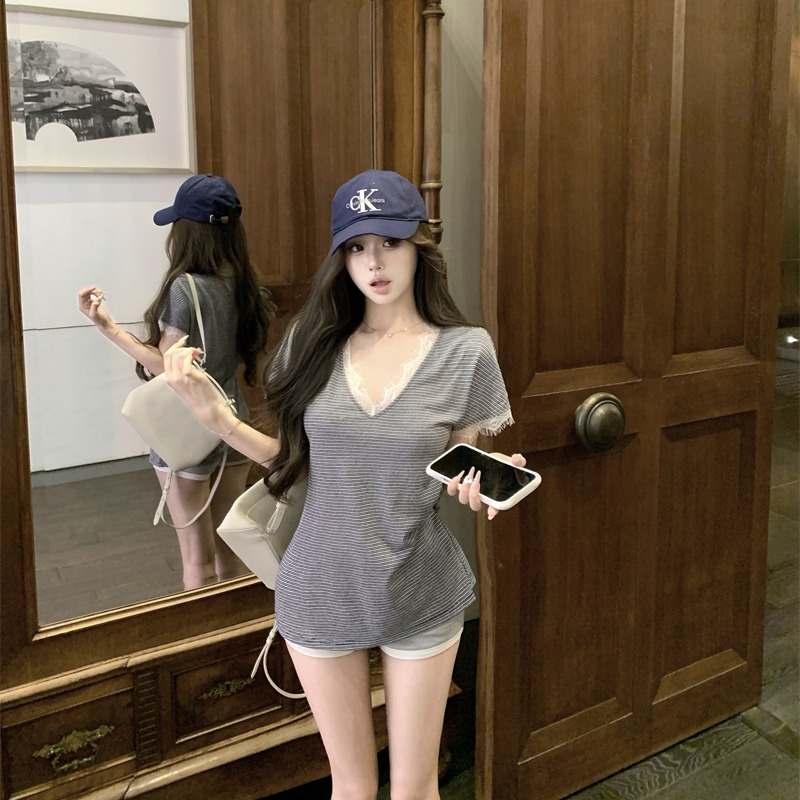 Short sleeve splice T-shirt cotton linen summer tops