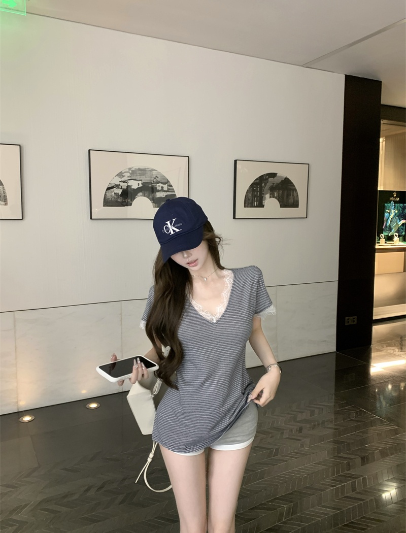 Short sleeve splice T-shirt cotton linen summer tops