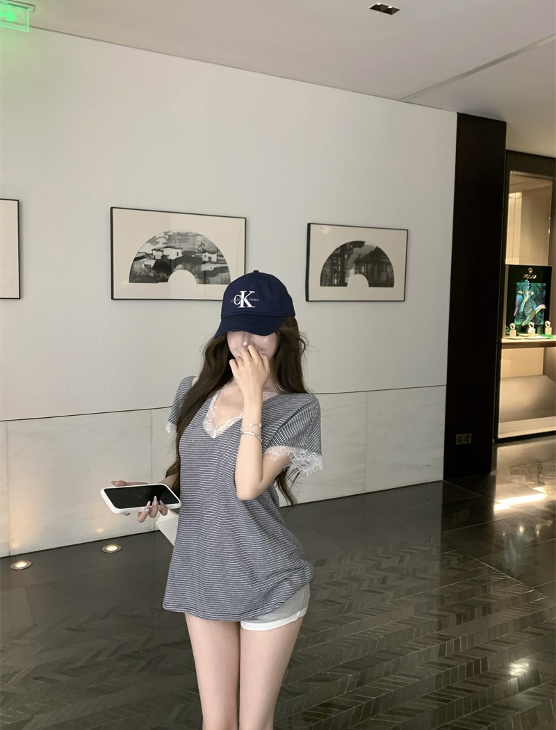 Short sleeve splice T-shirt cotton linen summer tops
