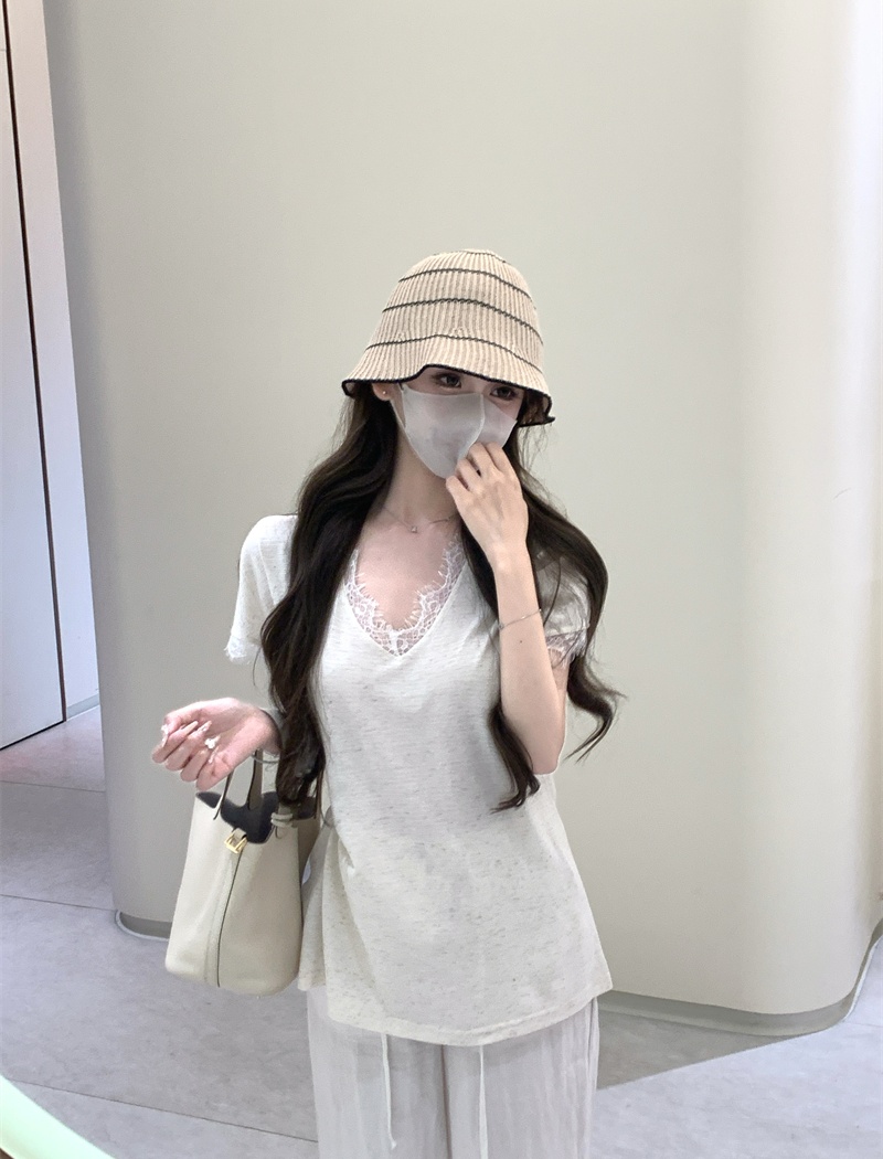 Short sleeve splice T-shirt cotton linen summer tops