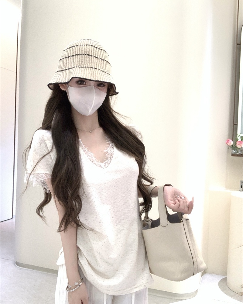 Short sleeve splice T-shirt cotton linen summer tops