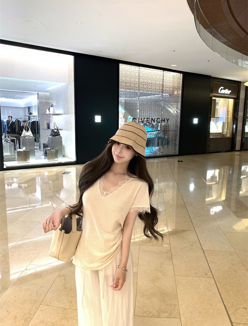 Short sleeve splice T-shirt cotton linen summer tops