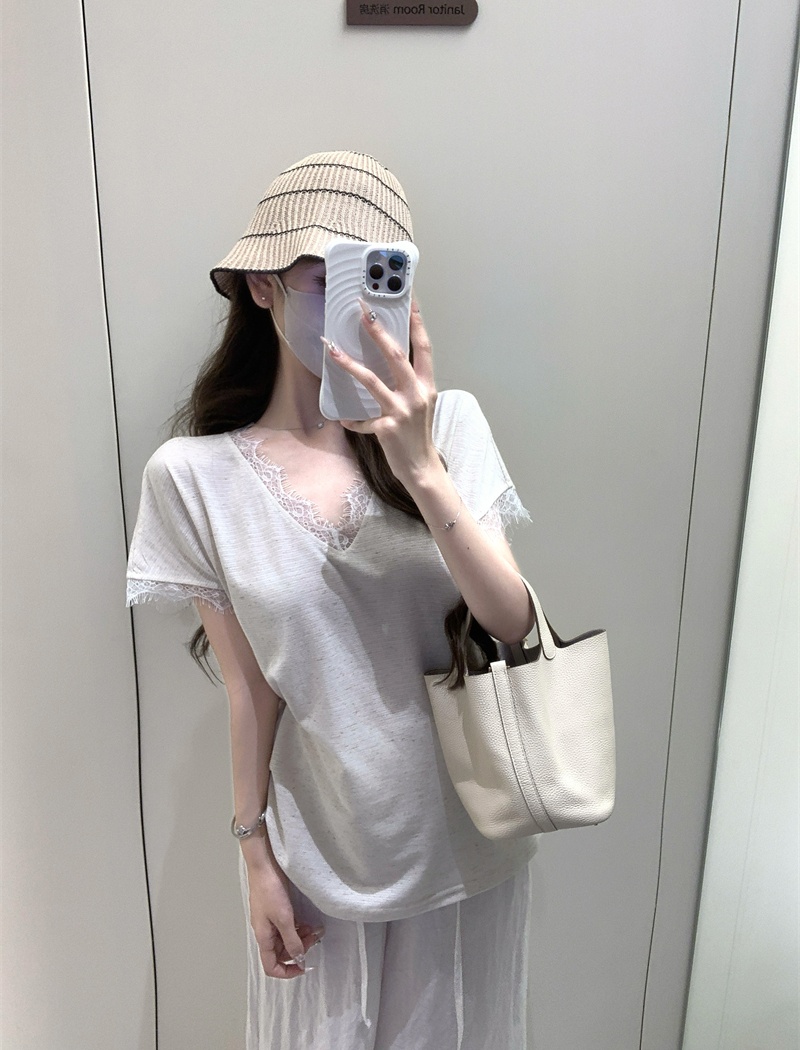 Short sleeve splice T-shirt cotton linen summer tops