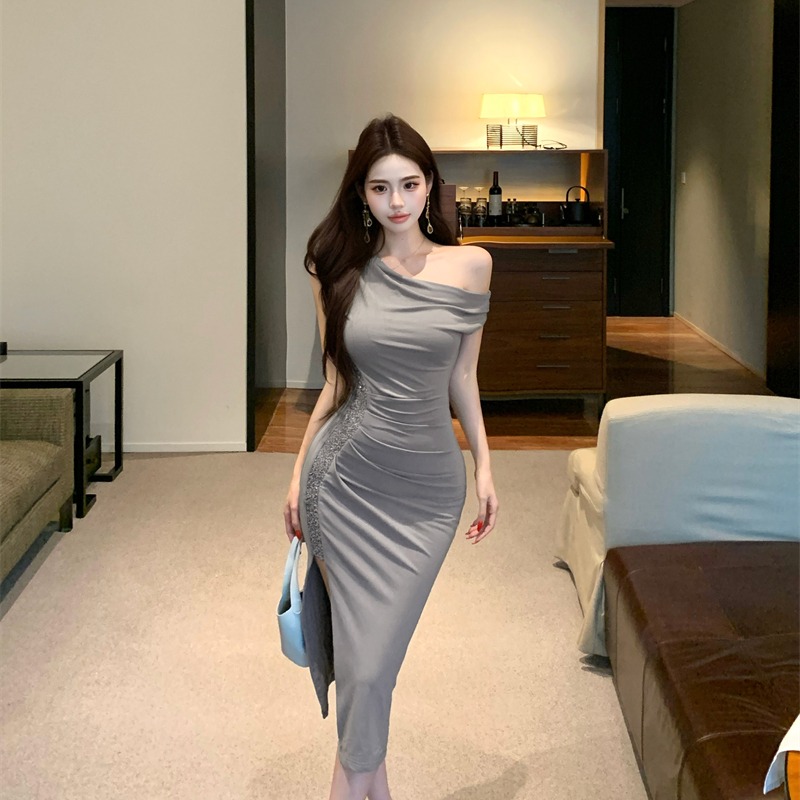 Temperament long split sequins package hip dress