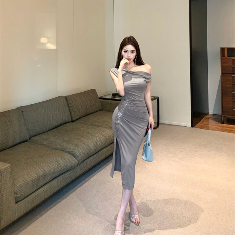 Temperament long split sequins package hip dress