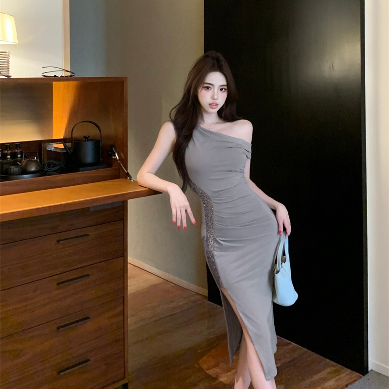 Temperament long split sequins package hip dress
