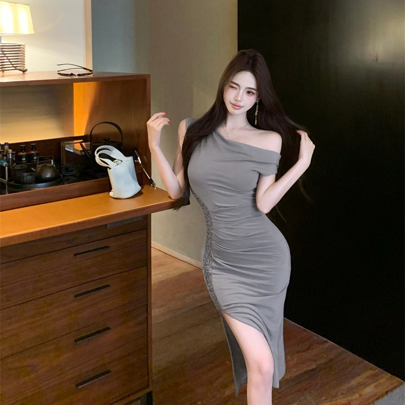 Temperament long split sequins package hip dress