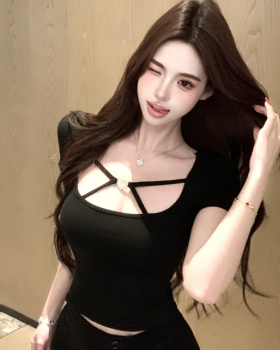 Short sleeve bottoming heart pinched waist slim tops for women
