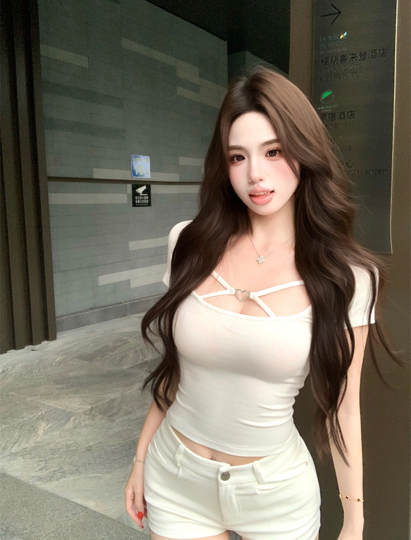 Short sleeve bottoming heart pinched waist slim tops for women