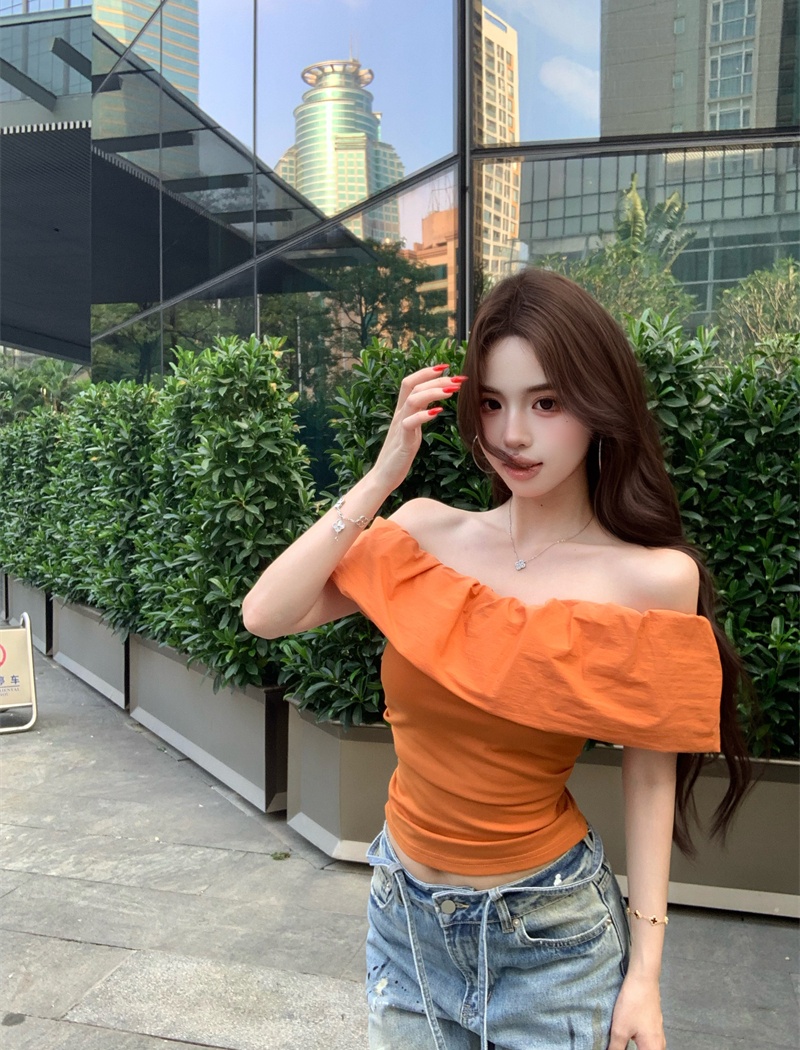 Flat shoulder lotus leaf edges short niche strapless tops