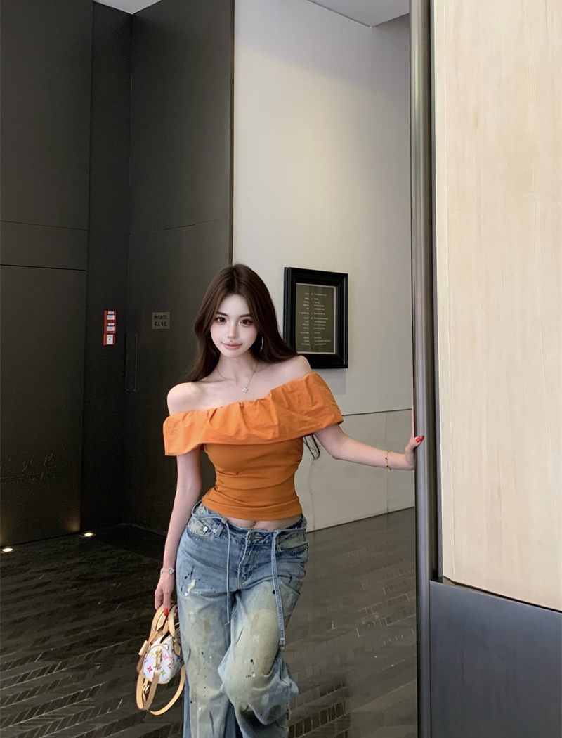 Flat shoulder lotus leaf edges short niche strapless tops