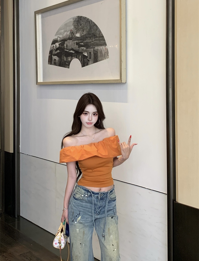 Flat shoulder lotus leaf edges short niche strapless tops
