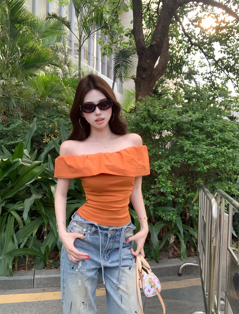 Flat shoulder lotus leaf edges short niche strapless tops