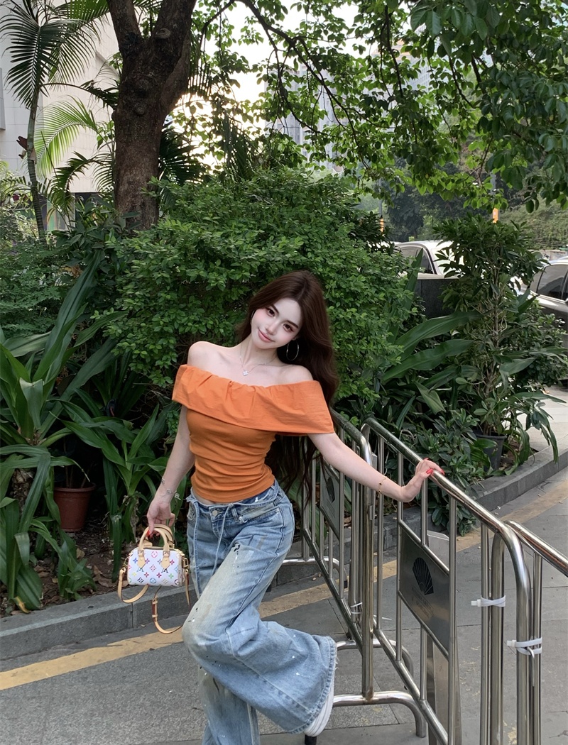 Flat shoulder lotus leaf edges short niche strapless tops