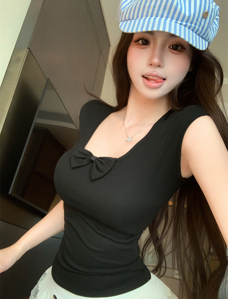 Short sleeve U-neck bow slim sweet T-shirt