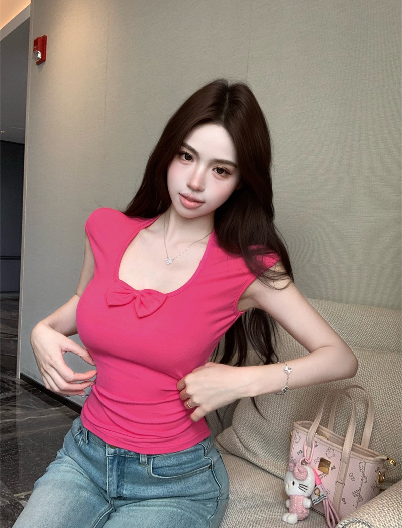 Short sleeve U-neck bow slim sweet T-shirt