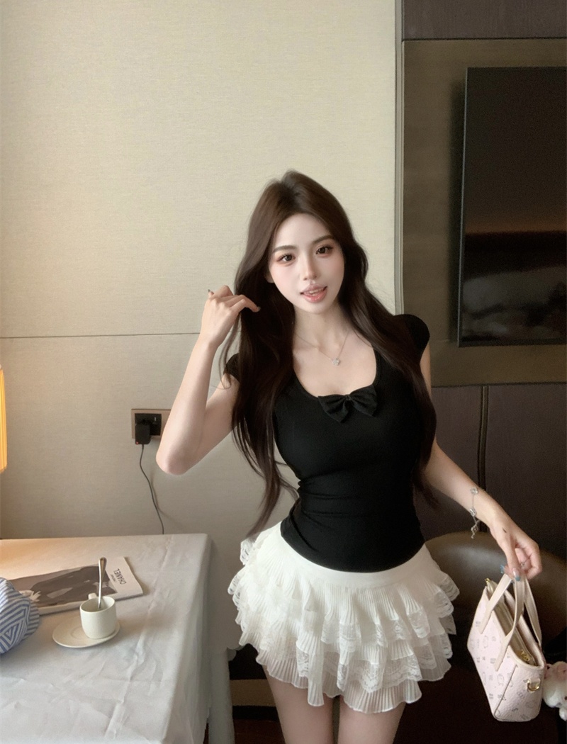 Short sleeve U-neck bow slim sweet T-shirt