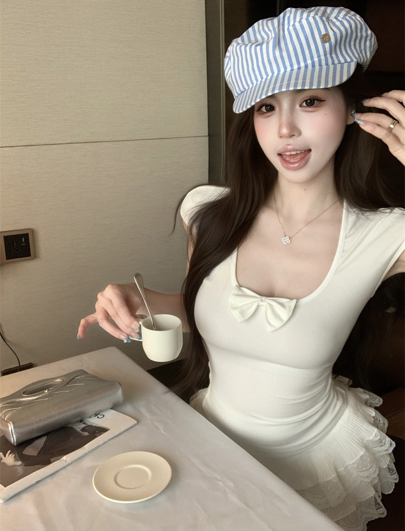 Short sleeve U-neck bow slim sweet T-shirt