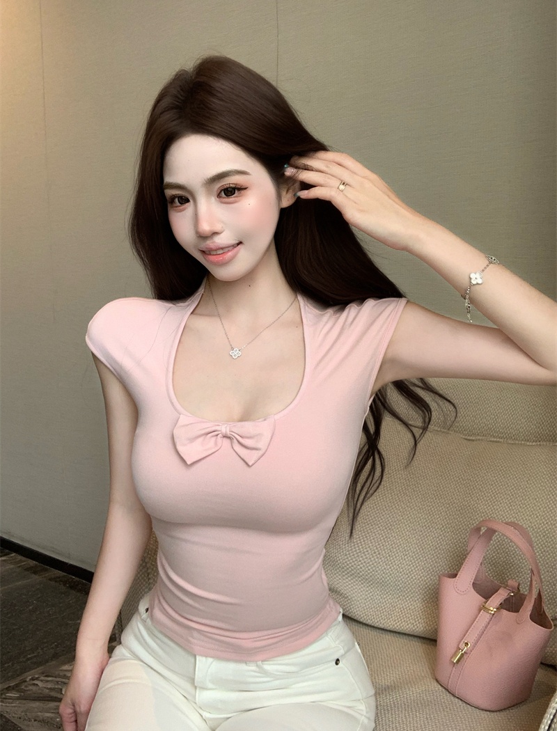 Short sleeve U-neck bow slim sweet T-shirt