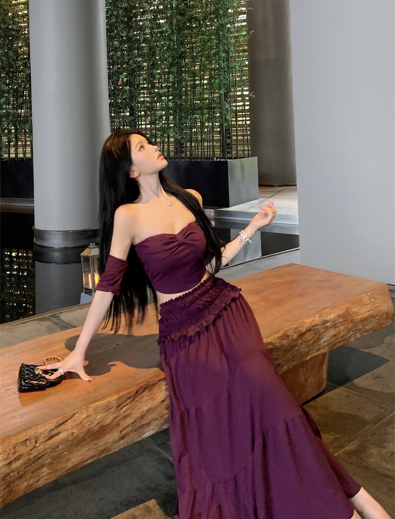 Spicegirl pinched waist T-shirt slim long skirt 2pcs set