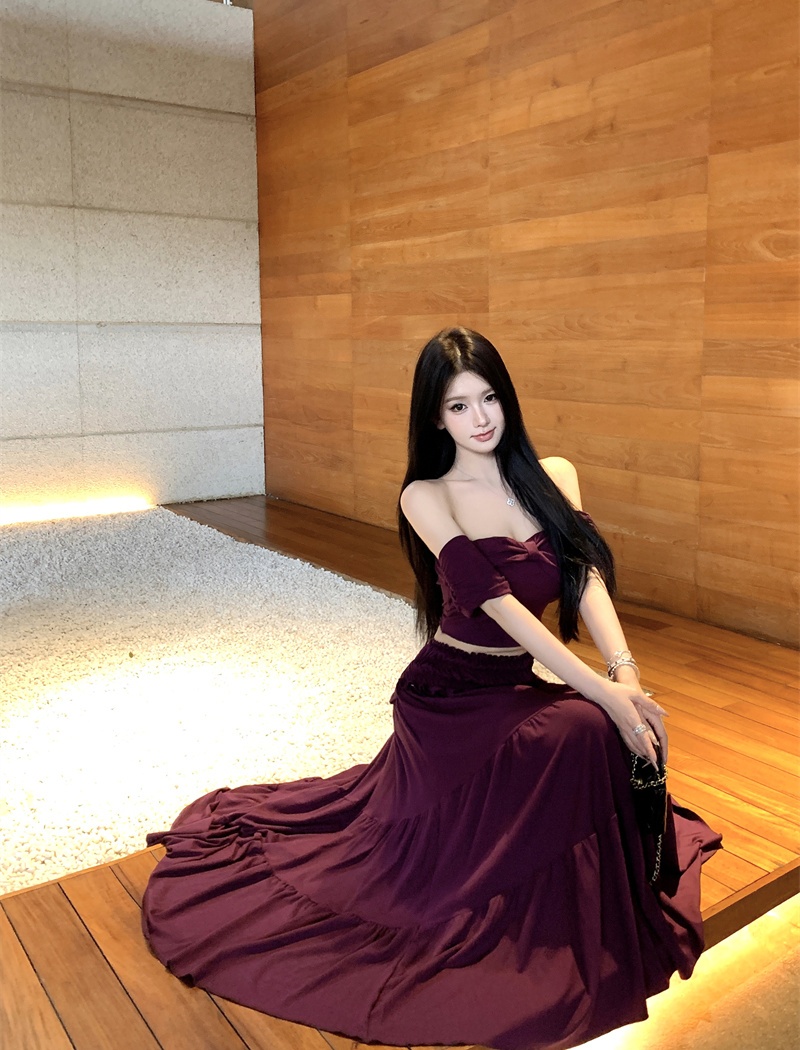 Spicegirl pinched waist T-shirt slim long skirt 2pcs set