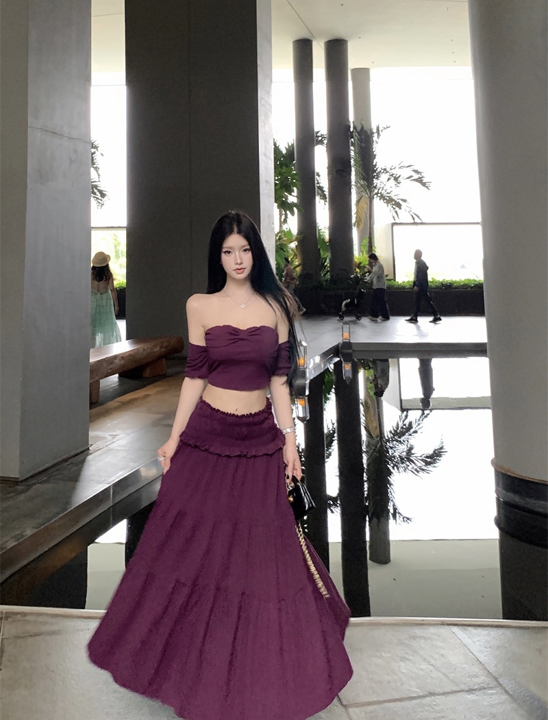 Spicegirl pinched waist T-shirt slim long skirt 2pcs set