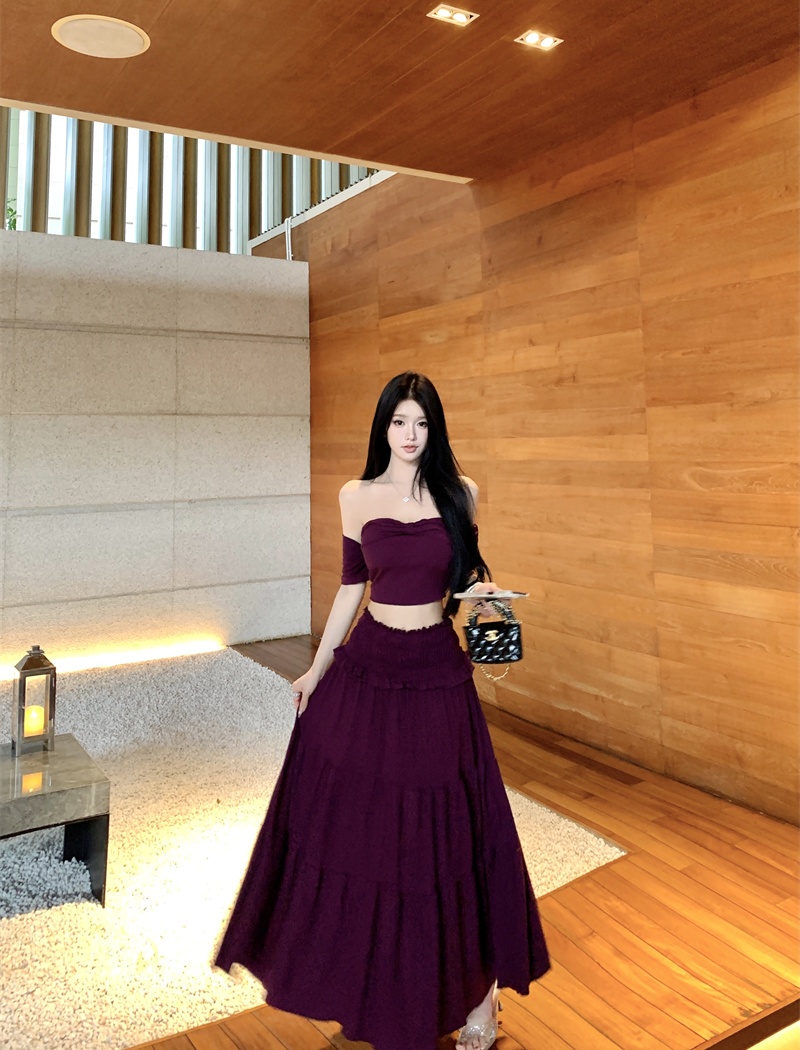 Spicegirl pinched waist T-shirt slim long skirt 2pcs set
