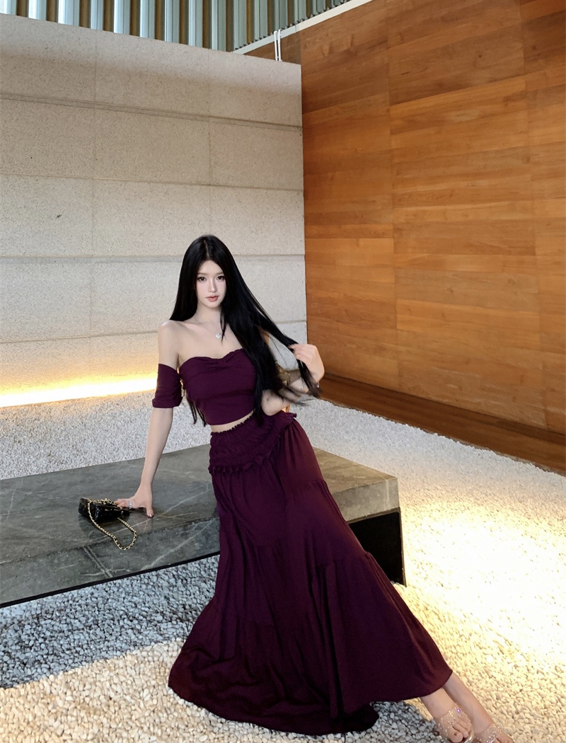 Spicegirl pinched waist T-shirt slim long skirt 2pcs set