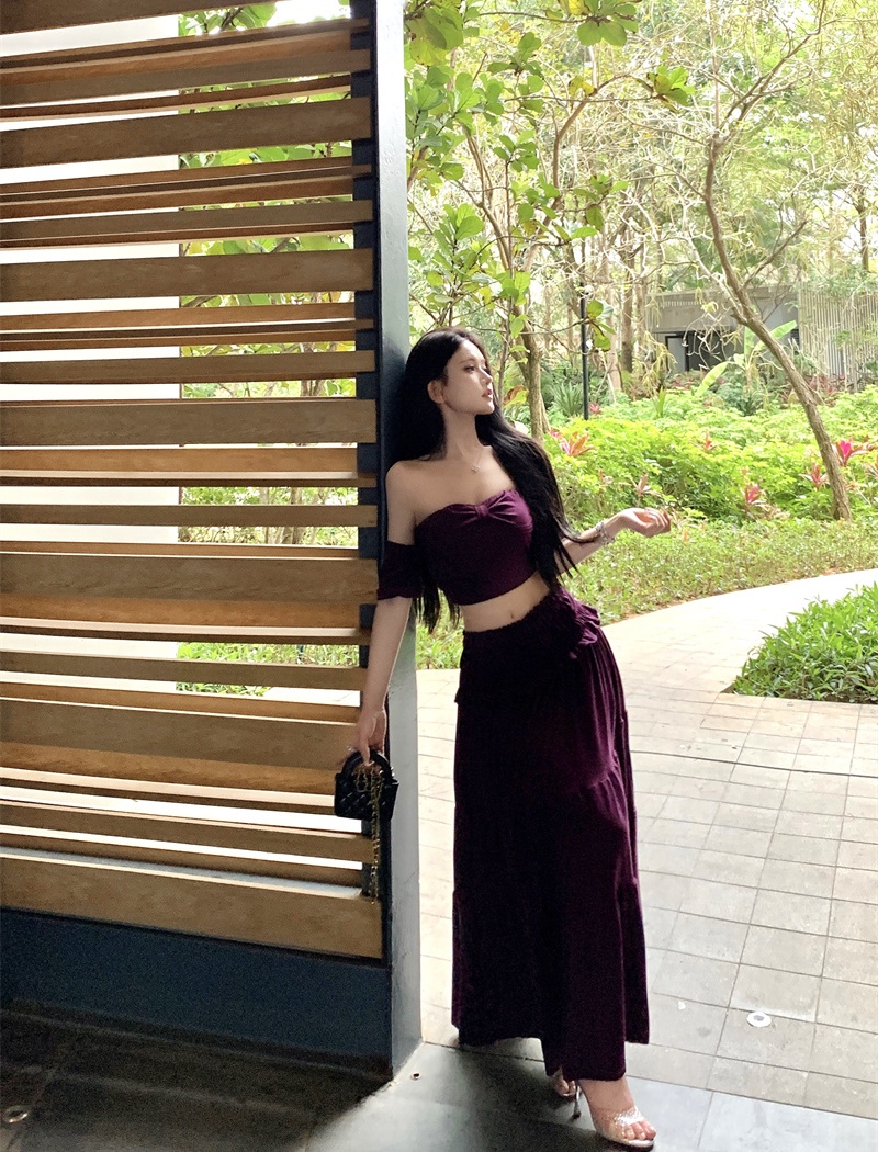 Spicegirl pinched waist T-shirt slim long skirt 2pcs set