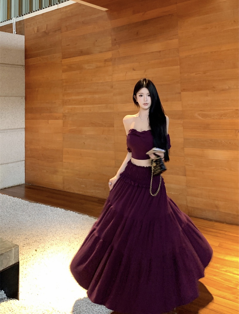 Spicegirl pinched waist T-shirt slim long skirt 2pcs set