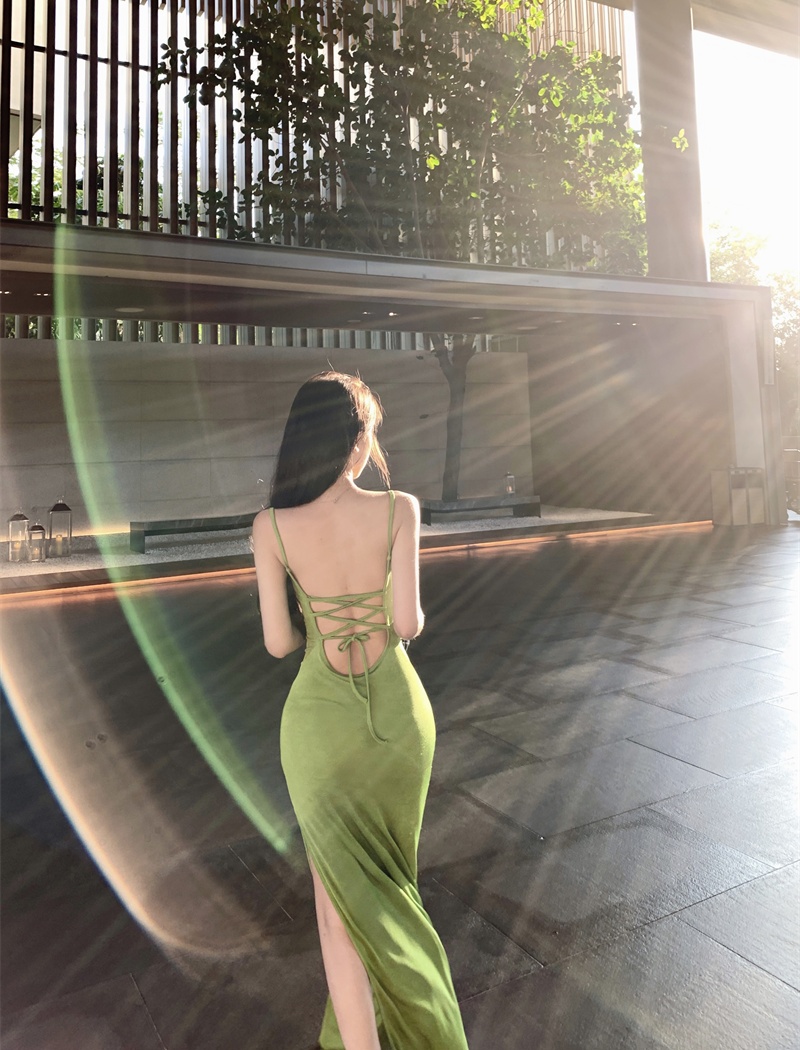 Halter apple-green dress bandage long dress
