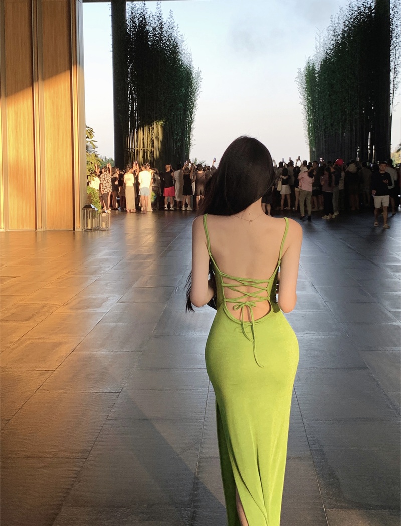 Halter apple-green dress bandage long dress