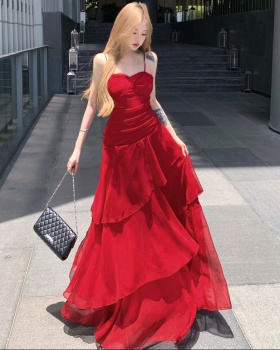 Summer lotus leaf edges dress pinched waist strap dress