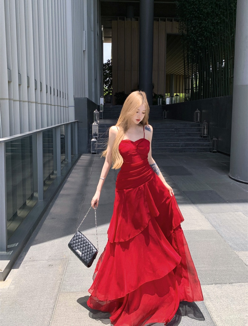 Summer lotus leaf edges dress pinched waist strap dress