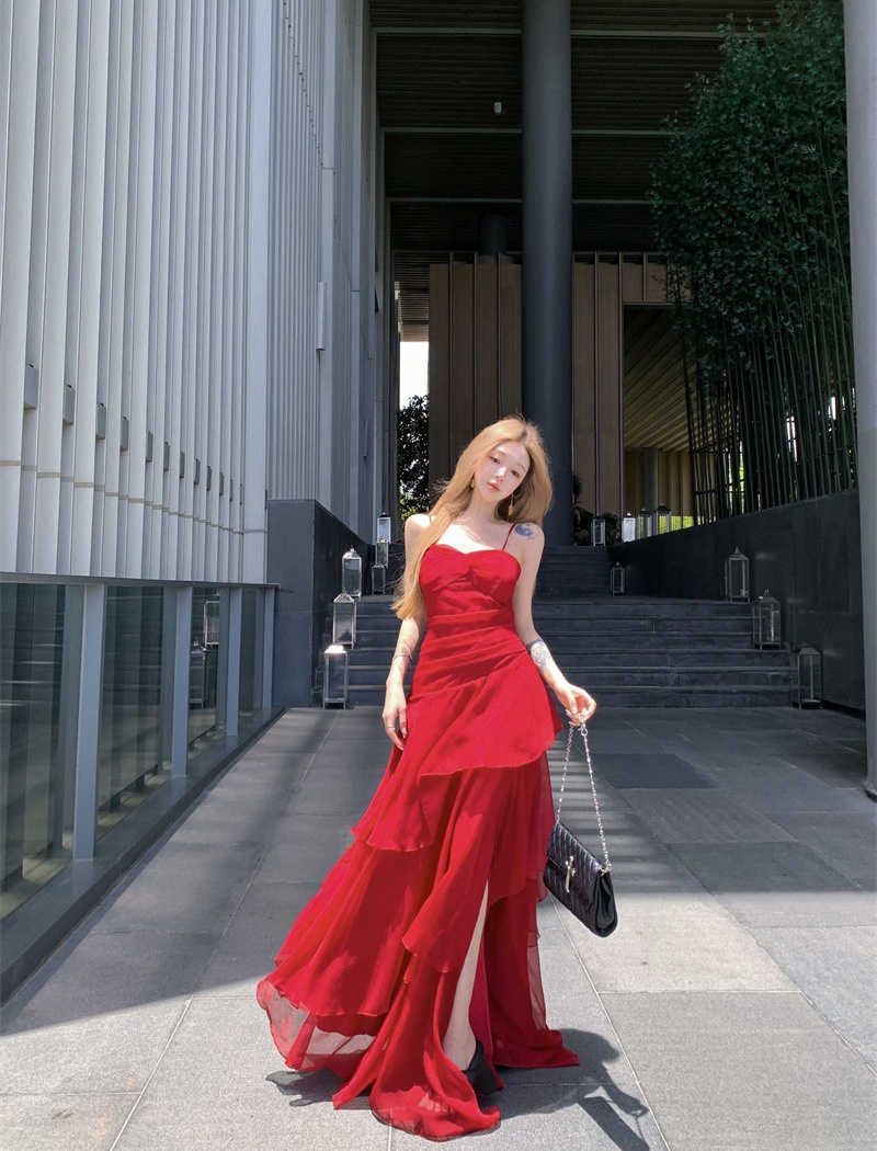 Summer lotus leaf edges dress pinched waist strap dress
