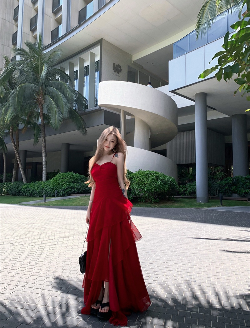 Summer lotus leaf edges dress pinched waist strap dress