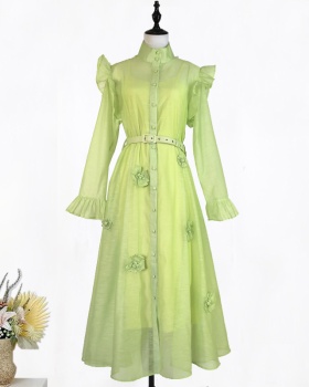 With belt single-breasted trumpet sleeves pure dress